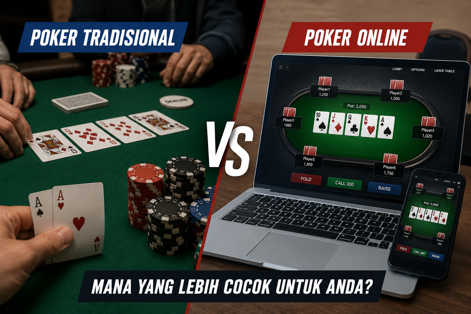 Perbandingan antara permainan poker tradisional di meja dan poker online.